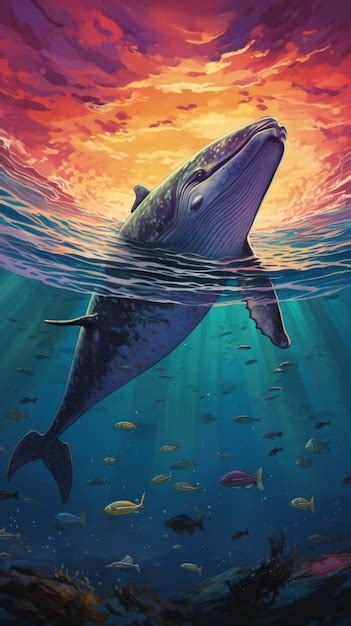 Premium AI Image | a whale is swimming in the ocean with a sunset in ...