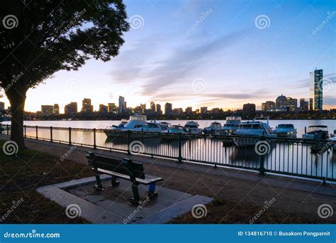 Boston Skyline at Sunrise with Boats and Harbor Stock Photo - Image of ...