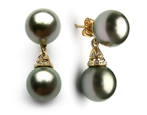 Black Tahitian Pearl Diamond Earring 9mm-10mm AAA - Pearl Earrings - Pearl Hours