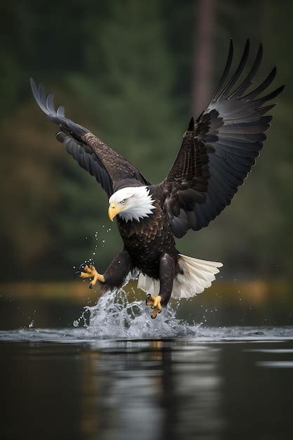 Premium AI Image | Bald eagle landing on the water with a dark background