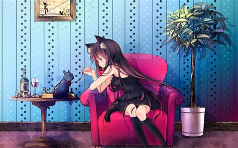 Cat Girl in Relaxation - HD Anime Wallpaper