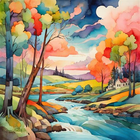 Watercolor Countryside River Art Free Stock Photo - Public Domain Pictures