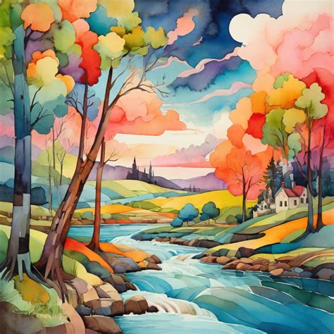 Watercolor Countryside River Art Free Stock Photo - Public Domain Pictures