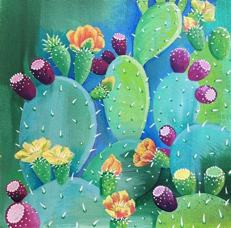 an acrylic painting of cactuses and flowers