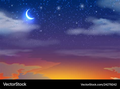 Sunset sky with moon stars clouds Royalty Free Vector Image