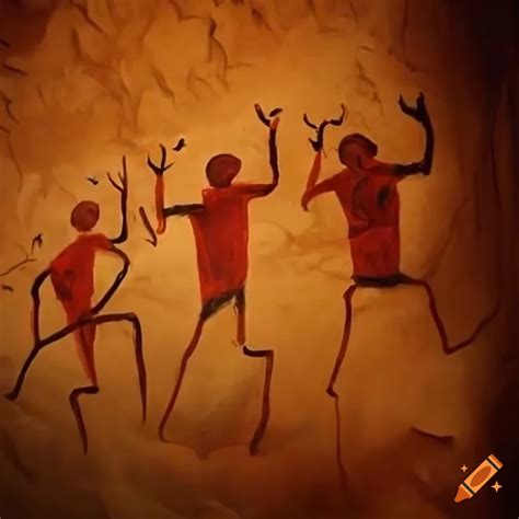 Prehistoric cave painting of stick figures on Craiyon