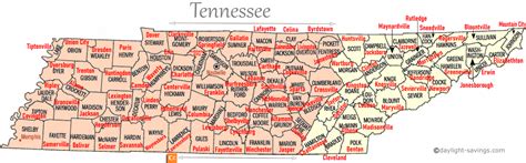 Tennessee Time Zone Map - Counties and seats in Tennessee by time zone