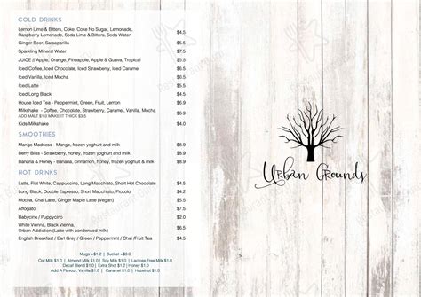 Menu at Urban Grounds Cafe, Toowoomba City