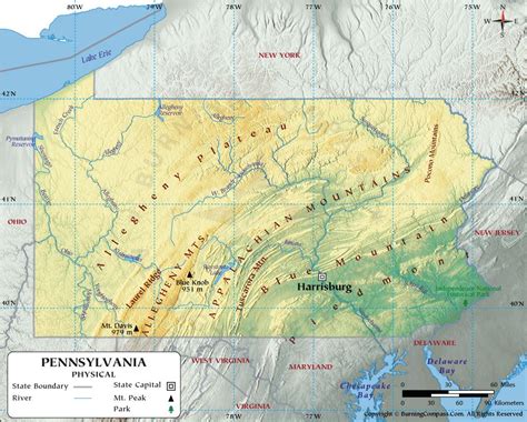 Pennsylvania Physical Map showing Geographical / Physical Features with Rivers and Landforms