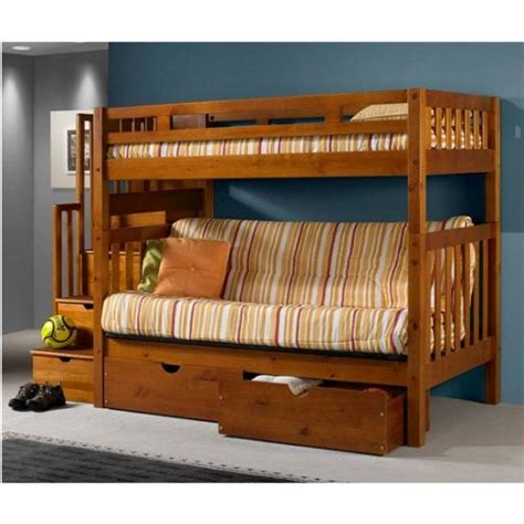 Twin over Full Futon Bunk Bed with Stairs in Honey Finish