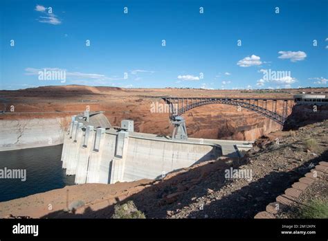 An aerial view of the historic Glen Canyon Dam with low water levels in ...