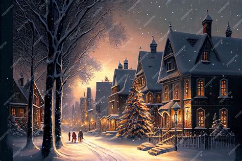 Premium AI Image | A winter christmas village with beautiful sight in painting style illustration