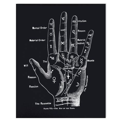 Palmistry Chart Print Vintage Reproduction Poster. Black and