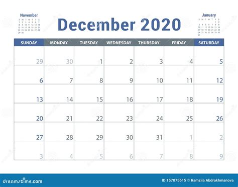 December 2020 Calendar. English Planner. Ð¡olor Vector Template. Week Starts on Sunday. Business ...