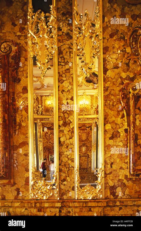 Detail of an amber panel of the newly restored amber room in Catherine the Great's palace ...