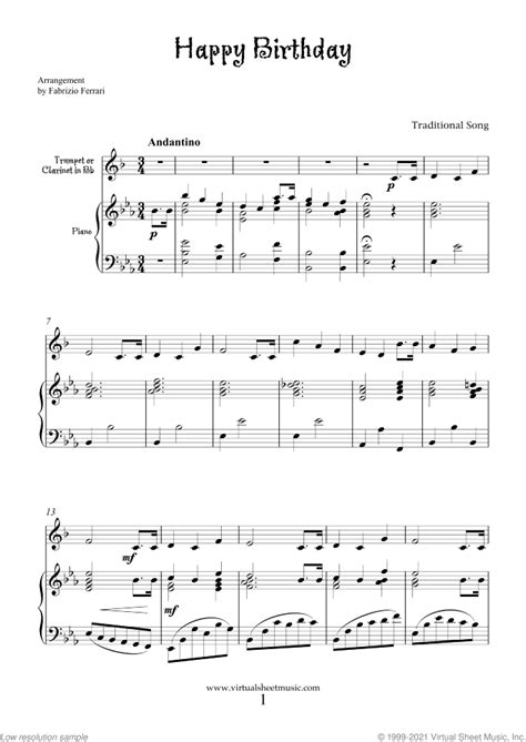 Free Happy Birthday sheet music for trumpet or clarinet and piano