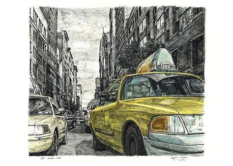 New York street scene with New York taxi cab - Original drawings ...