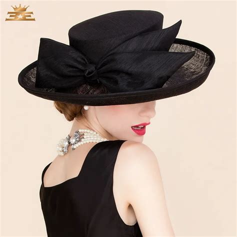 Summer Wedding Black Linen Fedora Hat For Women Large Brimmed Bowknot ...