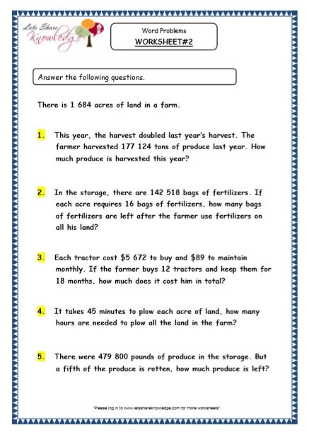 Grade 5 Math Worksheets Word Problems