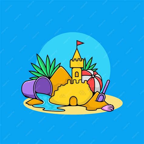 Premium Vector | Sand castle with children's toys on the beach vector ...