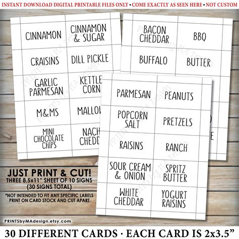 Popcorn Bar Labels, Popcorn Toppings, Sweet & Savory, 30 Cards on PRINTABLE 8.5x11” Sheets ...