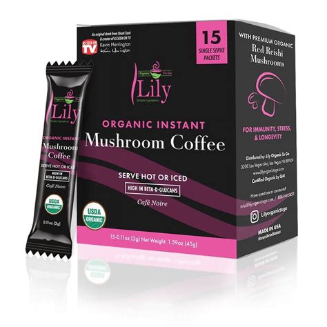 Lily USDA Organic Mushroom Coffee, 15 Singles, Instant Coffee Packets with Red Reishi Mushroom ...