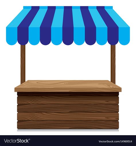 Wooden market stall with blue awning on white Vector Image