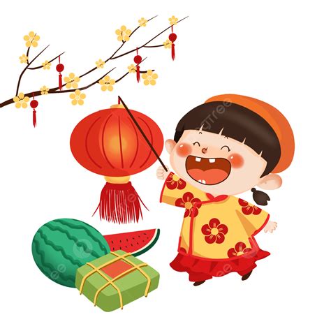 Vietnamese Tet Characters Cartoon Style Kids Holding Lanterns And ...