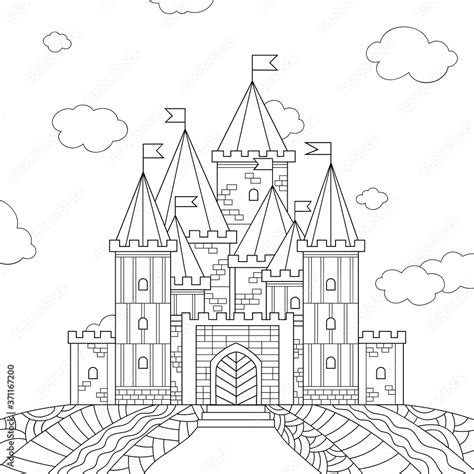 Line drawn fantasy castle with simple stone pattern. Towers with flags and small windows, sky ...