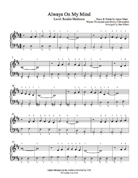 Always On My Mind by Willie Nelson Piano Sheet Music | Rookie Level | Piano sheet music, Sheet ...