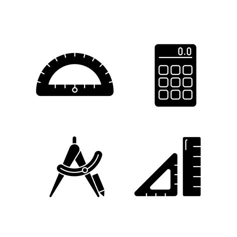 Architecture student tools black glyph icons set on white space. Drafting supplies. Calculator ...