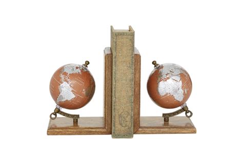 7" Orange Silver Wood Globe Bookends | Living Spaces