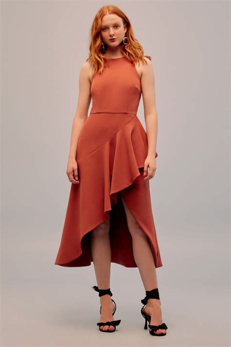 INTRIGUE MIDI DRESS | Fitted dress outfit, Short orange dress, Burnt orange dress