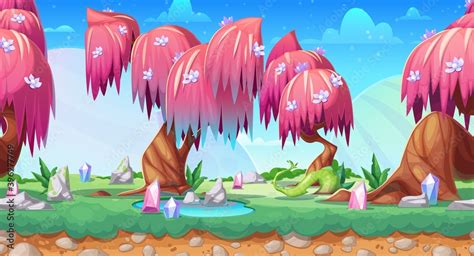 Fantasy game landscape, vector seamless background with cartoon fairy forest. Game ui animation ...