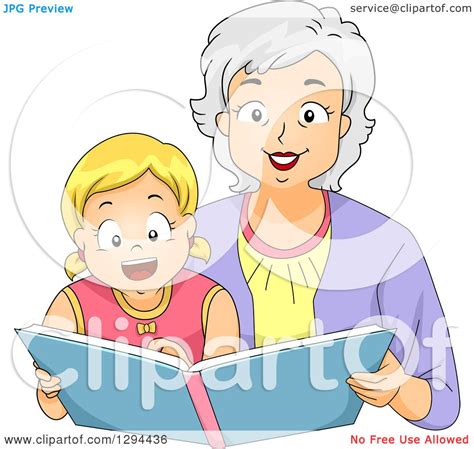 Clipart of a Happy White Senior Grandmother Reading a Story Book to Her ...