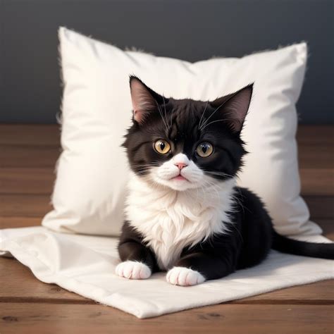 Premium AI Image | a black and white cat sits on a white pillow with a ...