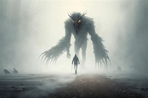 Premium AI Image | Grisly monster with long talons walking through dense fog creature walking in air