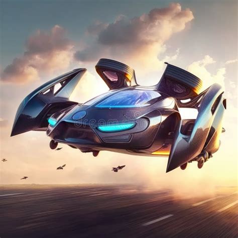 Futuristic flying car stock illustration. Illustration of sunset ...