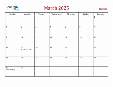 March 2025 Monthly Calendar with Ireland Holidays