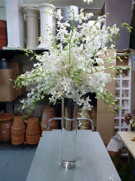 White dendrobium orchid spray resting atop a tall vase. To view our entire selection please ...