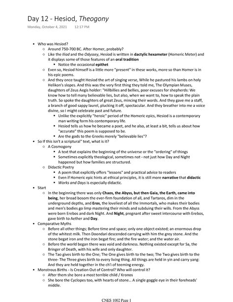 Day 12 - Hesiod, Theogony - Who was Hesiod? Around 750-700 BC. After Homer, probably? Like the ...