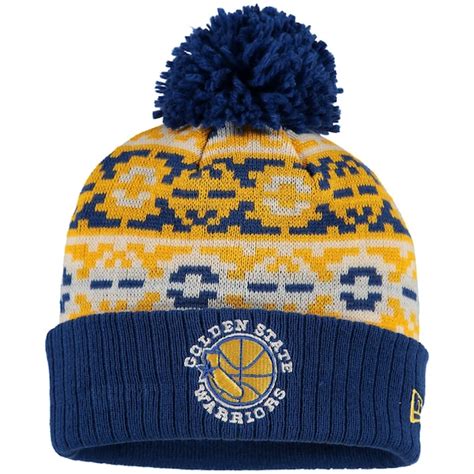 Men's Golden State Warriors New Era Royal Hardwood Classics Retro Chill Cuffed Knit Hat With Pom ...