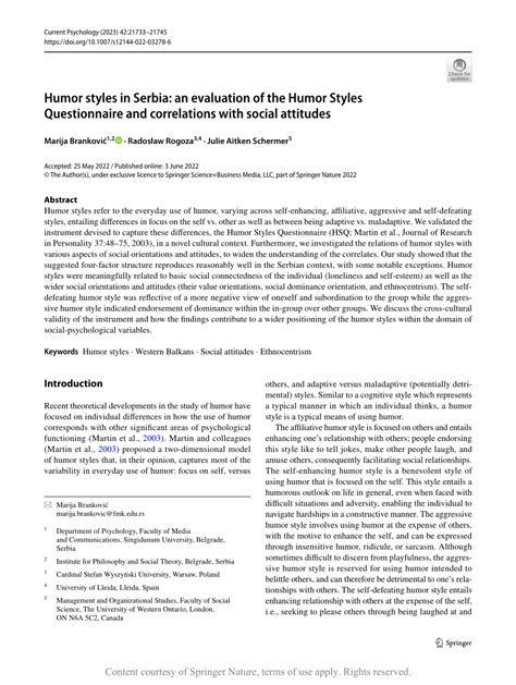 Humor styles in Serbia: an evaluation of the Humor Styles Questionnaire and correlations with ...