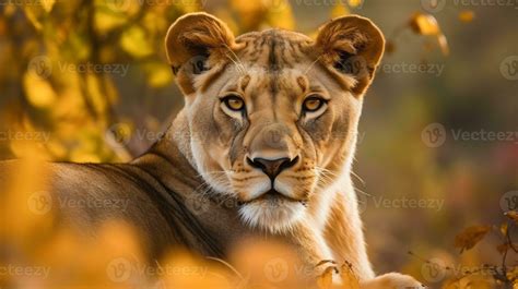 Close up portrait ferocious carnivore female lion, stare or looking at ...