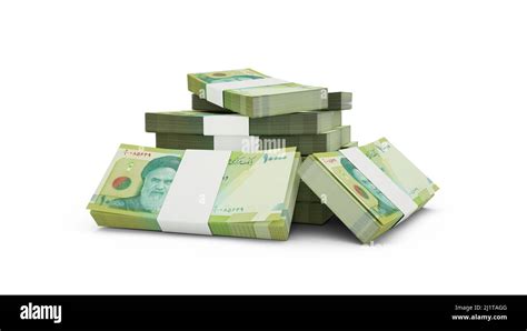 3d rendering of Stack of 100000 Iranian rial notes. bundles of Iranian ...