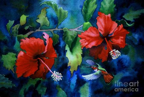 Hummingbird With Red Hibiscus Painting by Ainsley McNeely