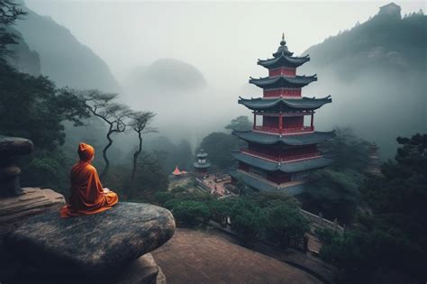 Premium AI Image | A buddhist monk meditating in front of a misty mountain.