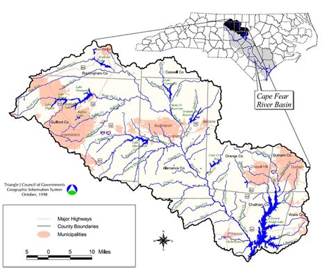 Map of the northern headwaters of the Cape Fear River Basin, showing... | Download Scientific ...