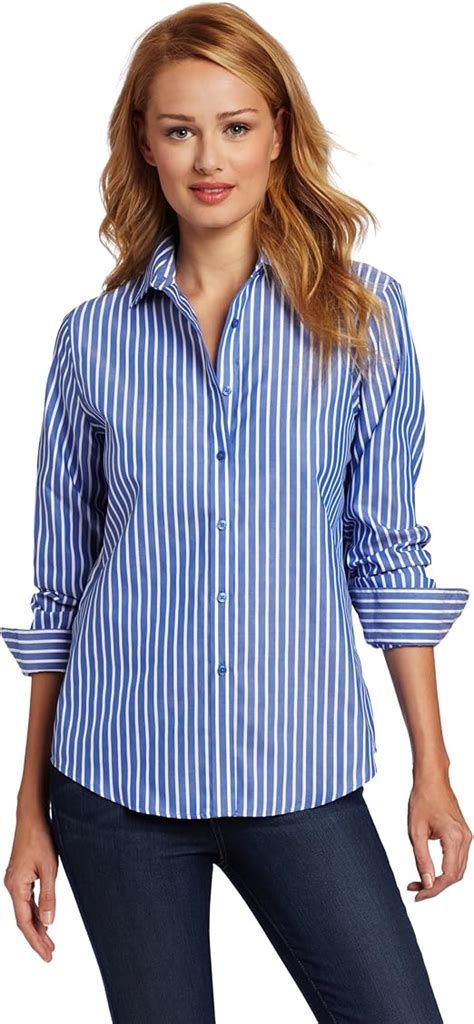 Jones New York Women's No-Iron Easy Care Striped Shirt, Blue/White, Large at Amazon Women’s ...