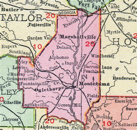 Macon County, Georgia, 1911, Map, Oglethorpe, Montezuma, Marshallville ...